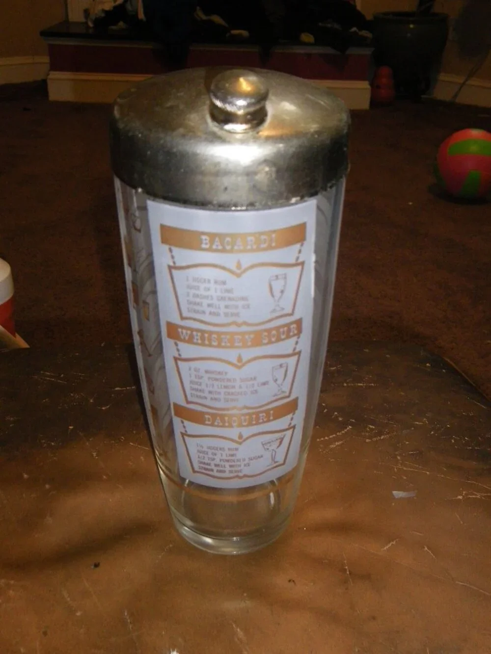 Vintage Large Classic Glass Cocktail Shaker w/ Metal Top Drink Recipe Graphics
